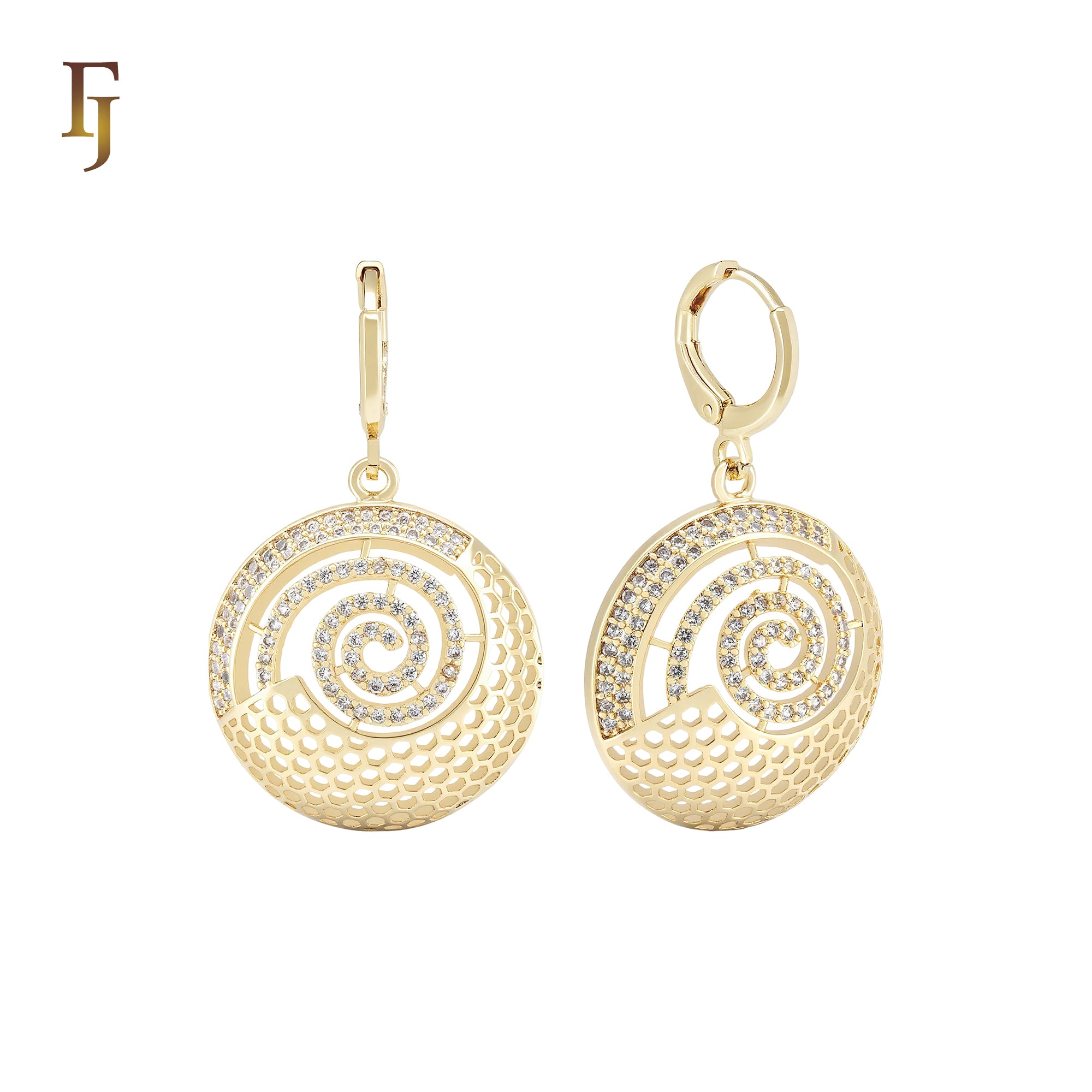 Drop Halo spinning white CZs and net 14K Gold Huggie Earrings