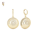 Drop Halo spinning white CZs and net 14K Gold Huggie Earrings