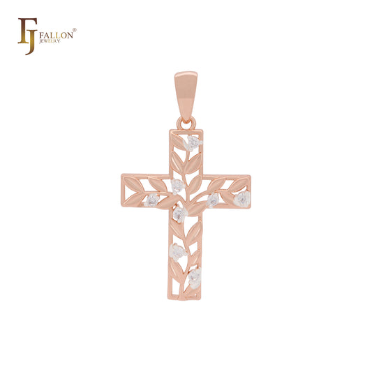 Colgante de cruz estilo latino en dos tonos de oro rosa con hojas de vida y circonitas blancas