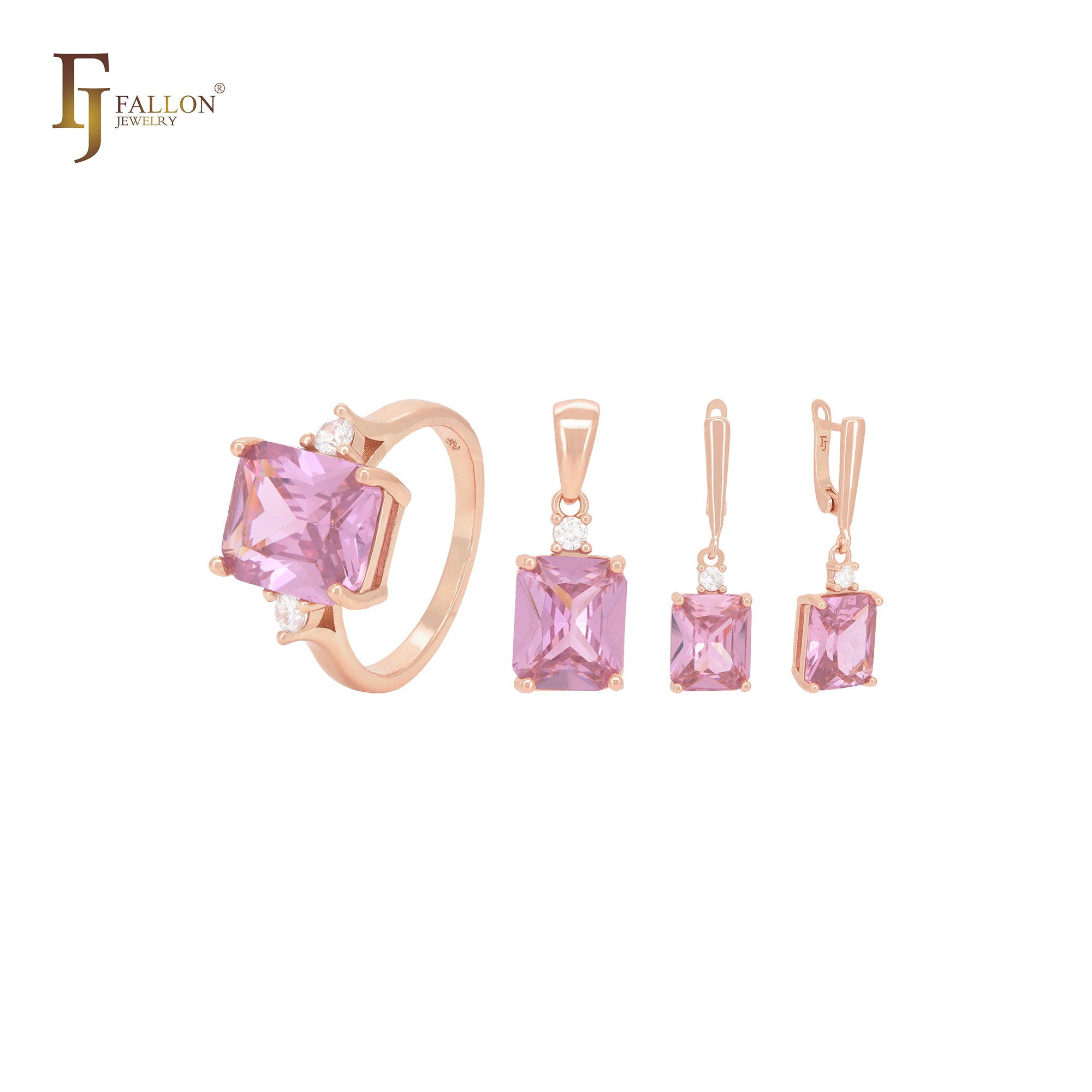 Conjunto de joyas en oro rosa de dos tonos con corte esmeralda y circonitas blancas, anillos y colgante.