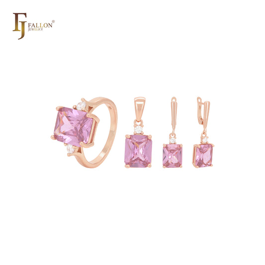 Conjunto de joyas en oro rosa de dos tonos con corte esmeralda y circonitas blancas, anillos y colgante.