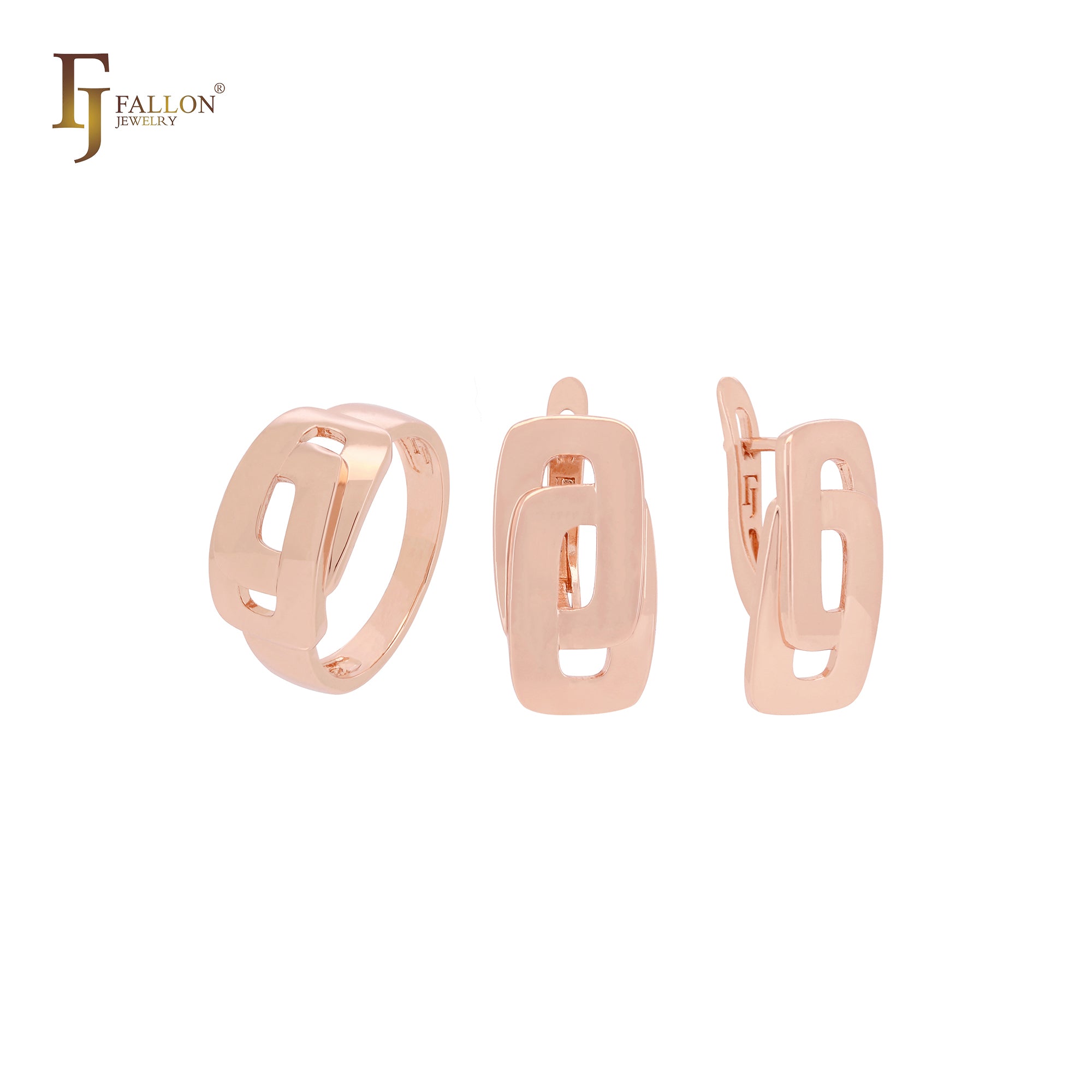 Geometrisches, doppelt abgerundetes, überlappendes Fenster-Schmuckset aus Roségold mit Ringen