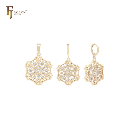 Conjunto de joias de ouro 14K com pingente e filigrana hexagonal de floco de neve CZs brancos