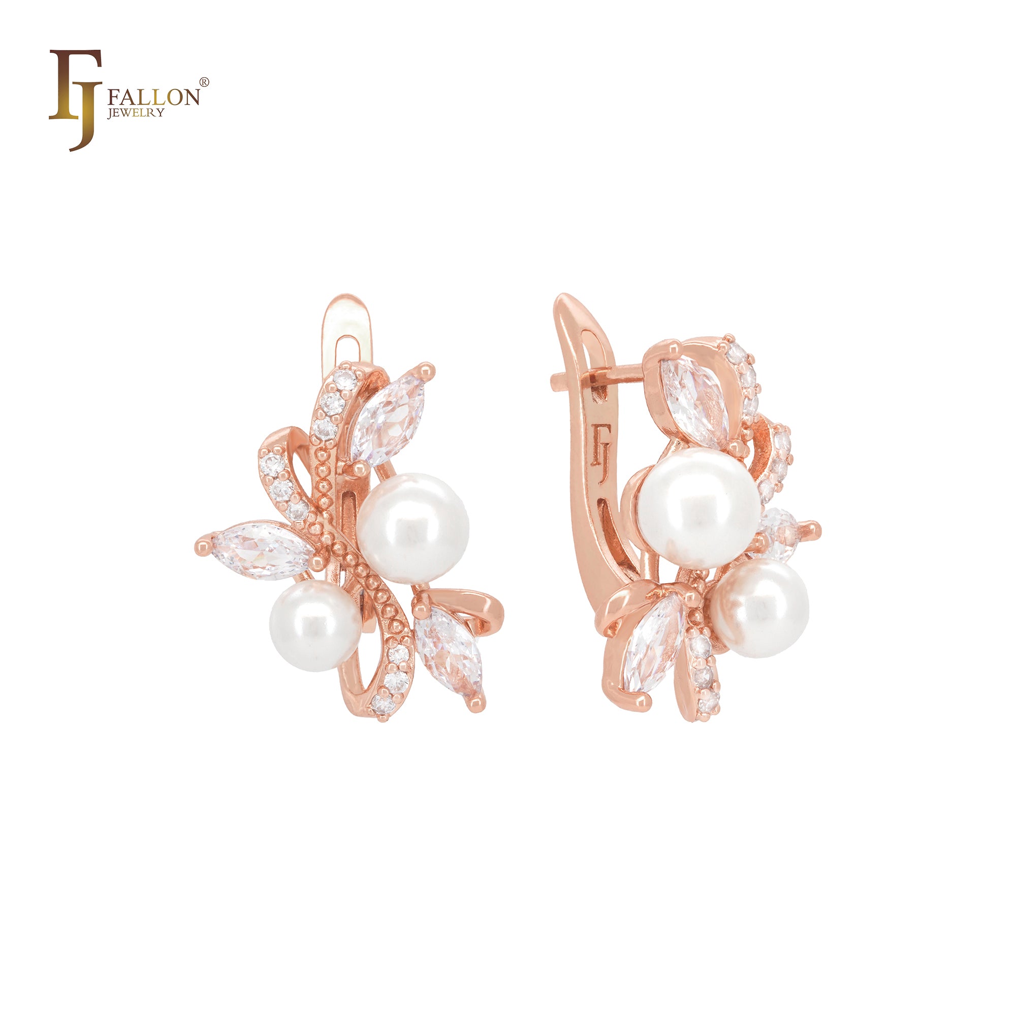 Luxurious pearls and white CZs Rose Gold Russian Lock Earrings