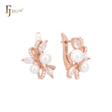 Luxurious pearls and white CZs Rose Gold Russian Lock Earrings