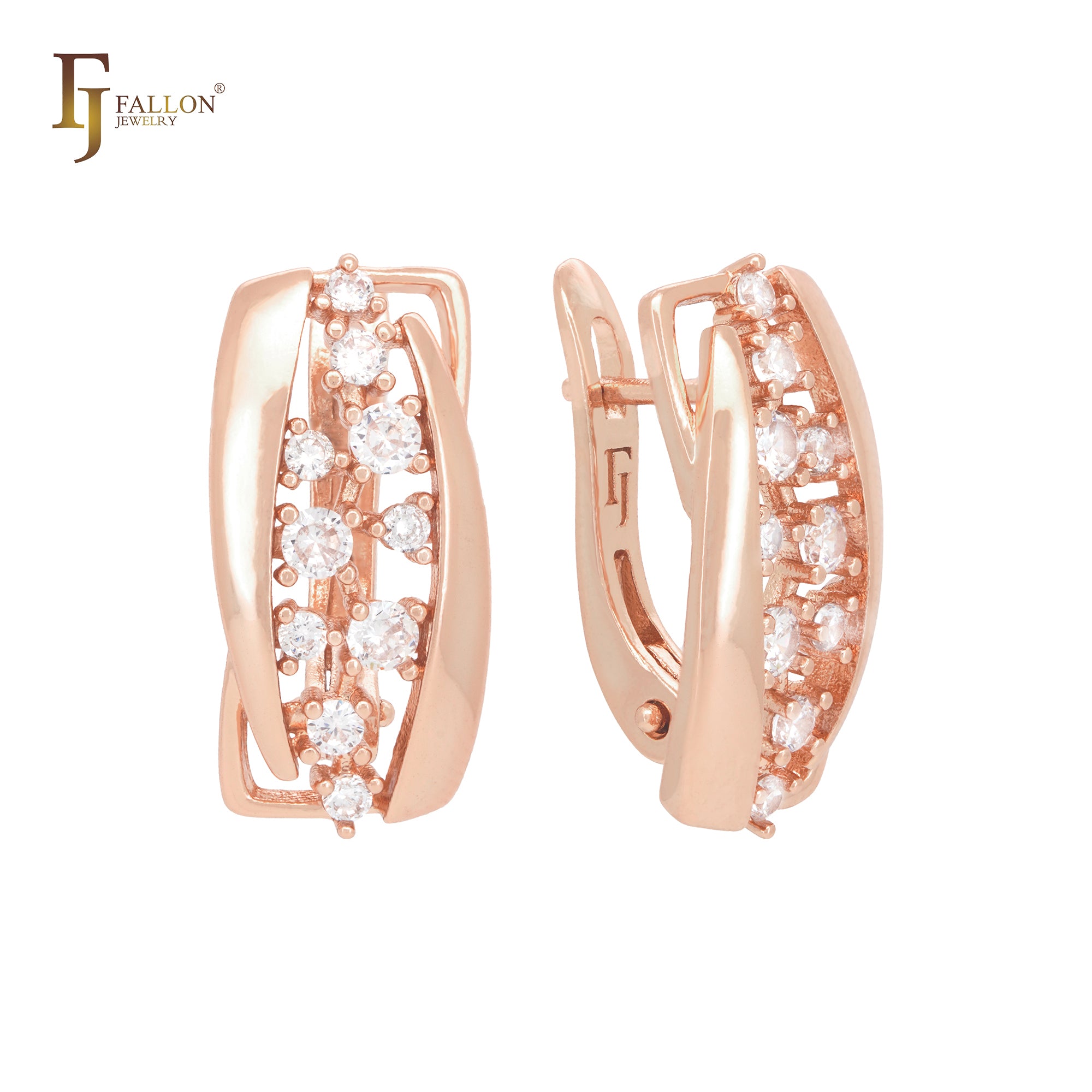 Cluster white CZs Rose Gold Russian Lock Earrings