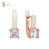 Luxurious triple paved white czs band with lake blue CZ Rose Gold Russian Lock Earrings