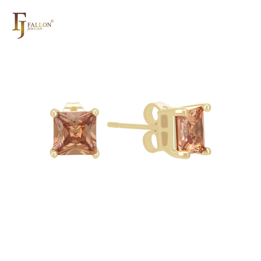 Brincos de pino solitários quadrados coloridos em ouro 14K com zircônia cúbica