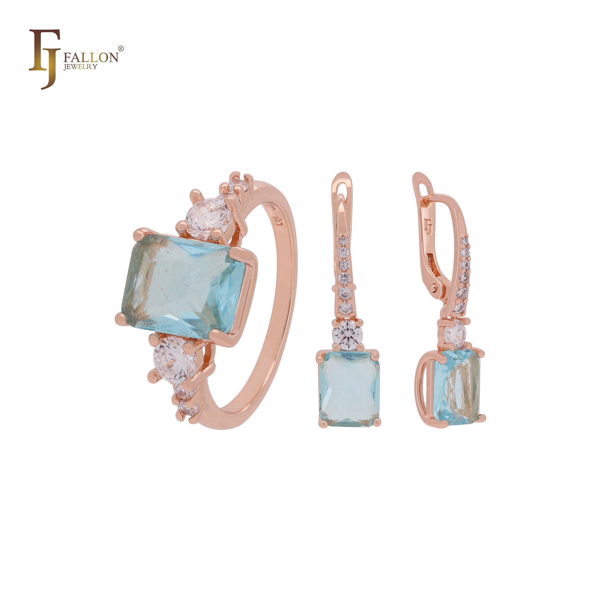 Schmuckset aus Roségold mit Ringen und weißen und seeblauen Zirkonia im Smaragdschliff