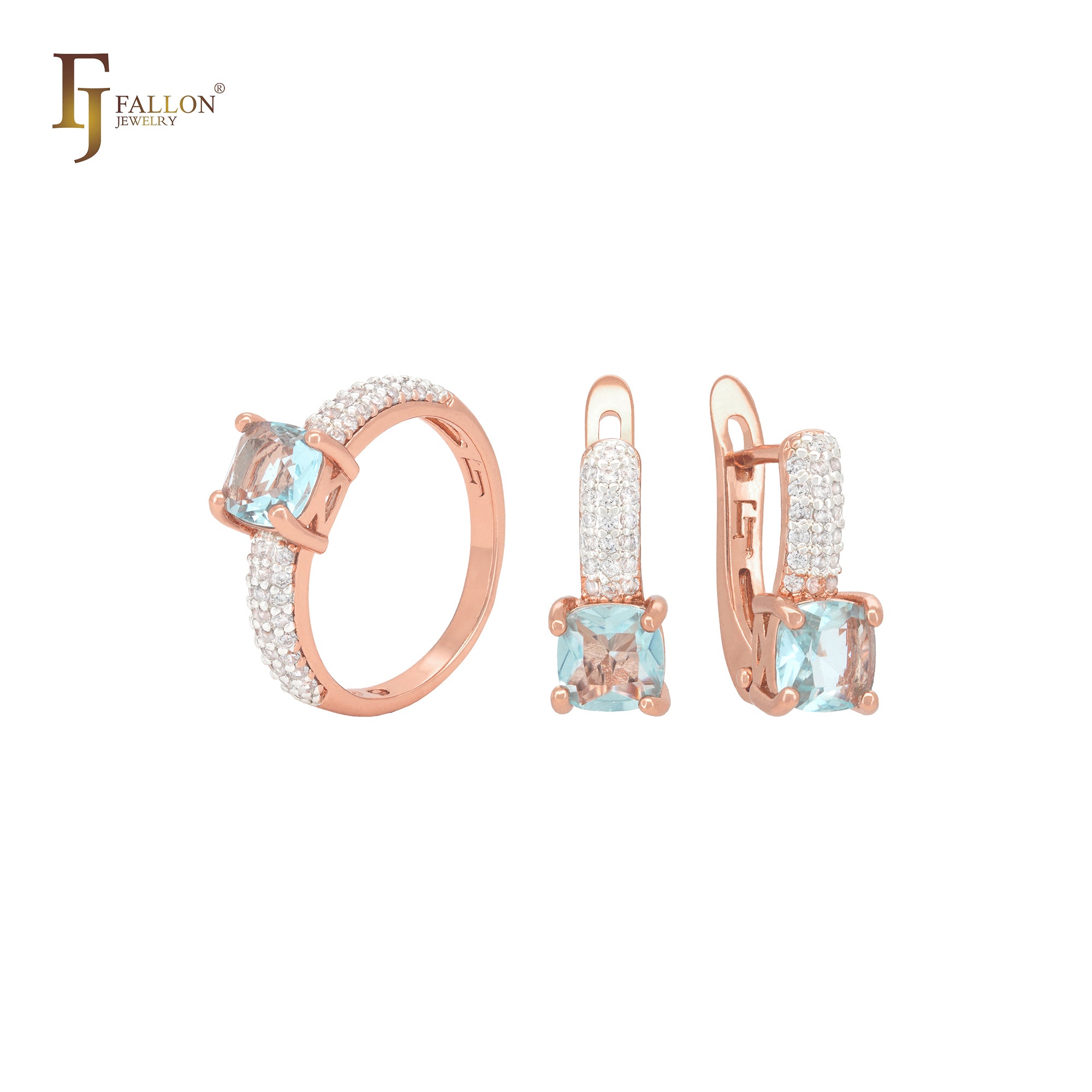 Luxuriöses dreifach gepflastertes weißes Zirkonia-Band mit seeblauem Zirkonia-Schmuckset aus Roségold mit Ringen