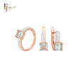 Luxuriöses dreifach gepflastertes weißes Zirkonia-Band mit seeblauem Zirkonia-Schmuckset aus Roségold mit Ringen