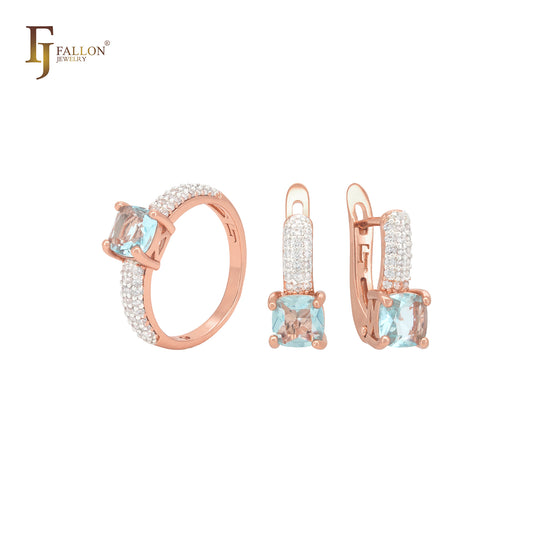 Luxurious triple paved white czs band with lake blue CZ Rose Gold Jewelry Set with Rings