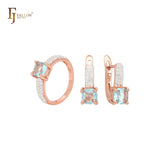 Luxuriöses dreifach gepflastertes weißes Zirkonia-Band mit seeblauem Zirkonia-Schmuckset aus Roségold mit Ringen
