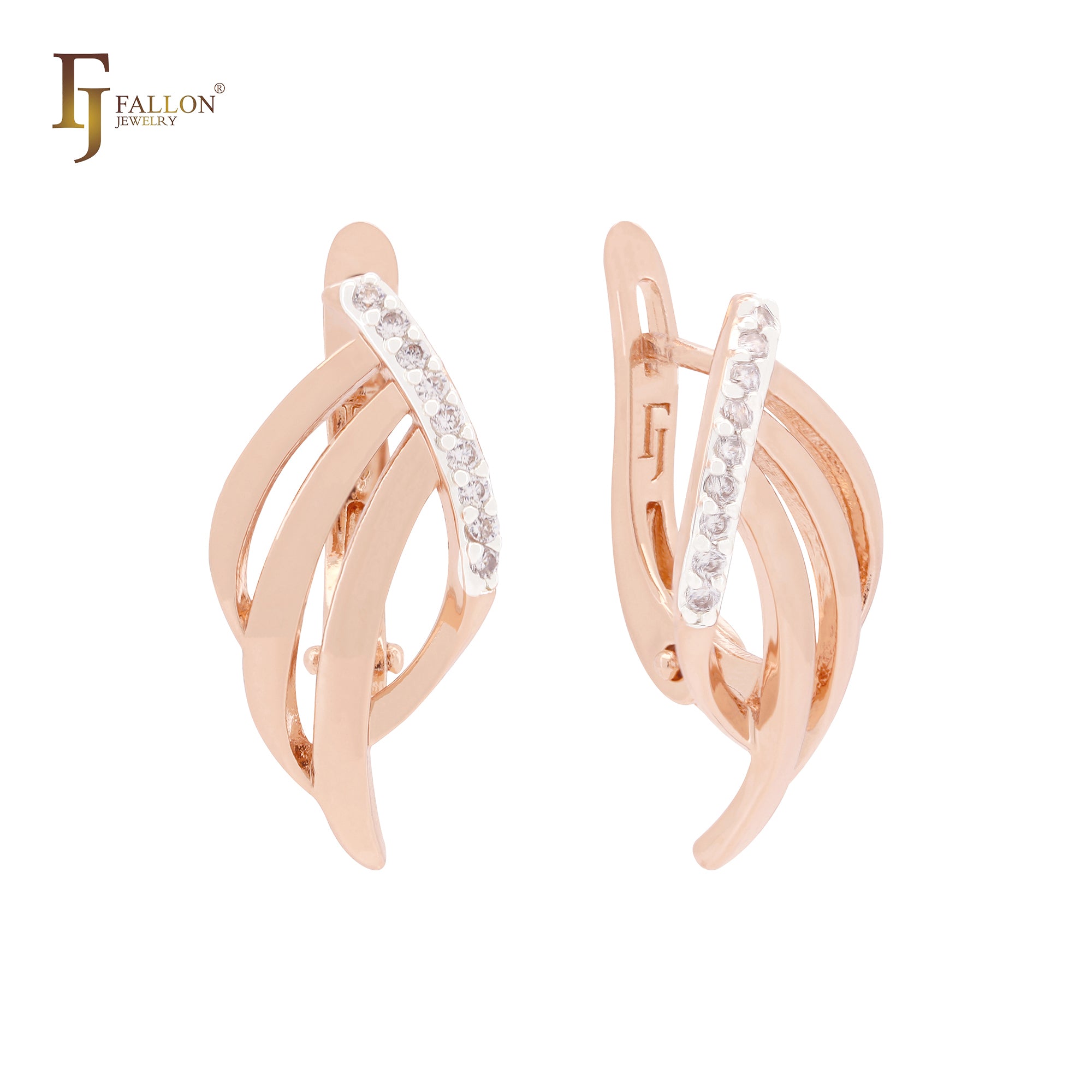 Triple branches geometric white CZs Rose Gold two tone Russian Lock Earrings
