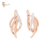 Triple branches geometric white CZs Rose Gold two tone Russian Lock Earrings