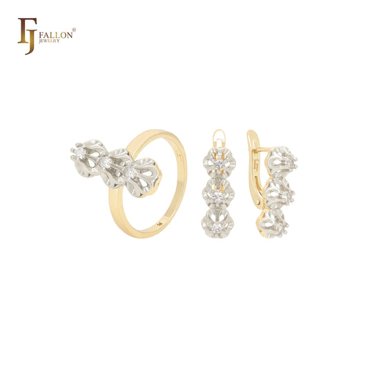 Conjunto de joias de ouro rosa com zircônias cúbicas brancas e três garras e anéis