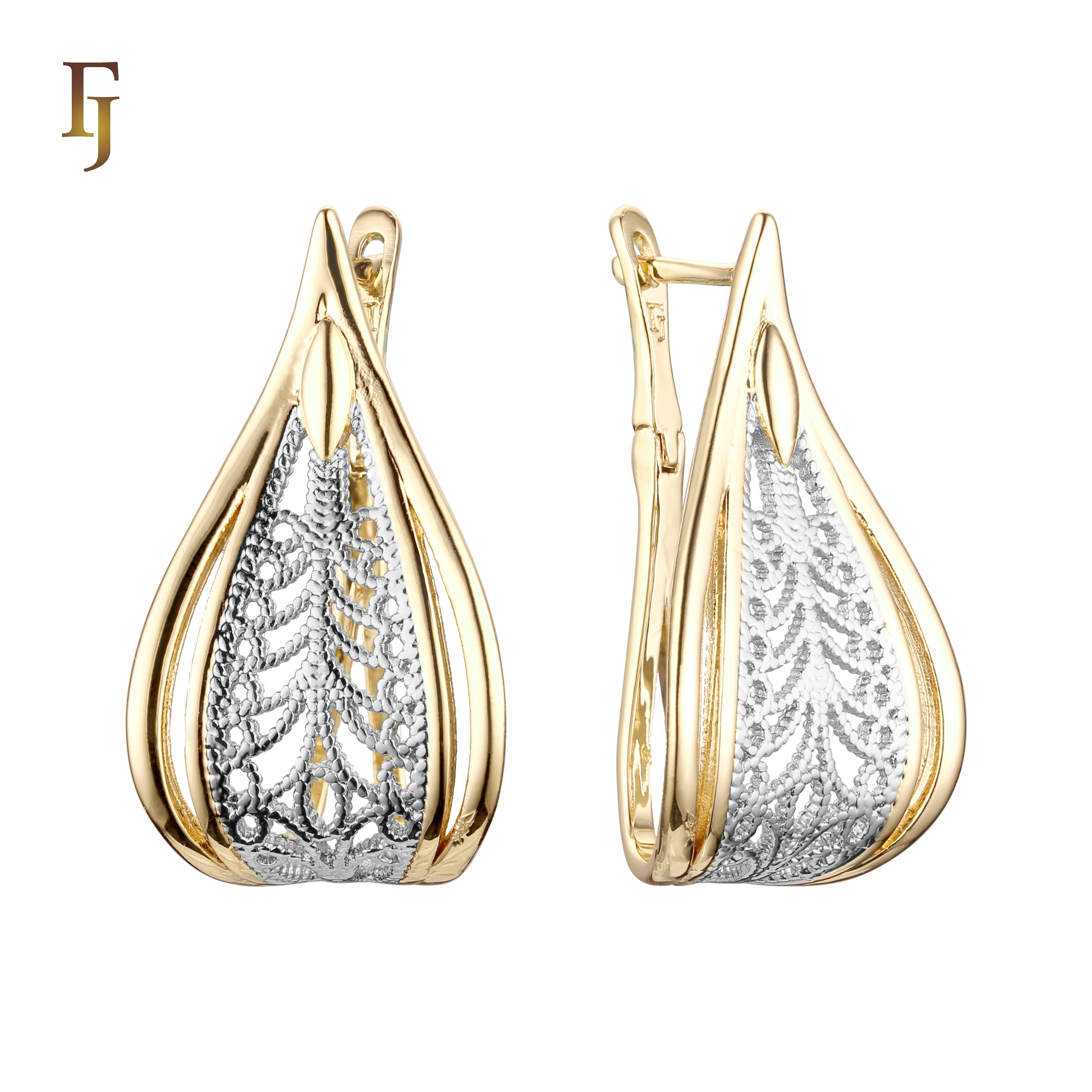 Teardrop Russian Lock Earrings in Gold with Filigree Lace Pattern – Elegant Lightweight Jewelry for Women