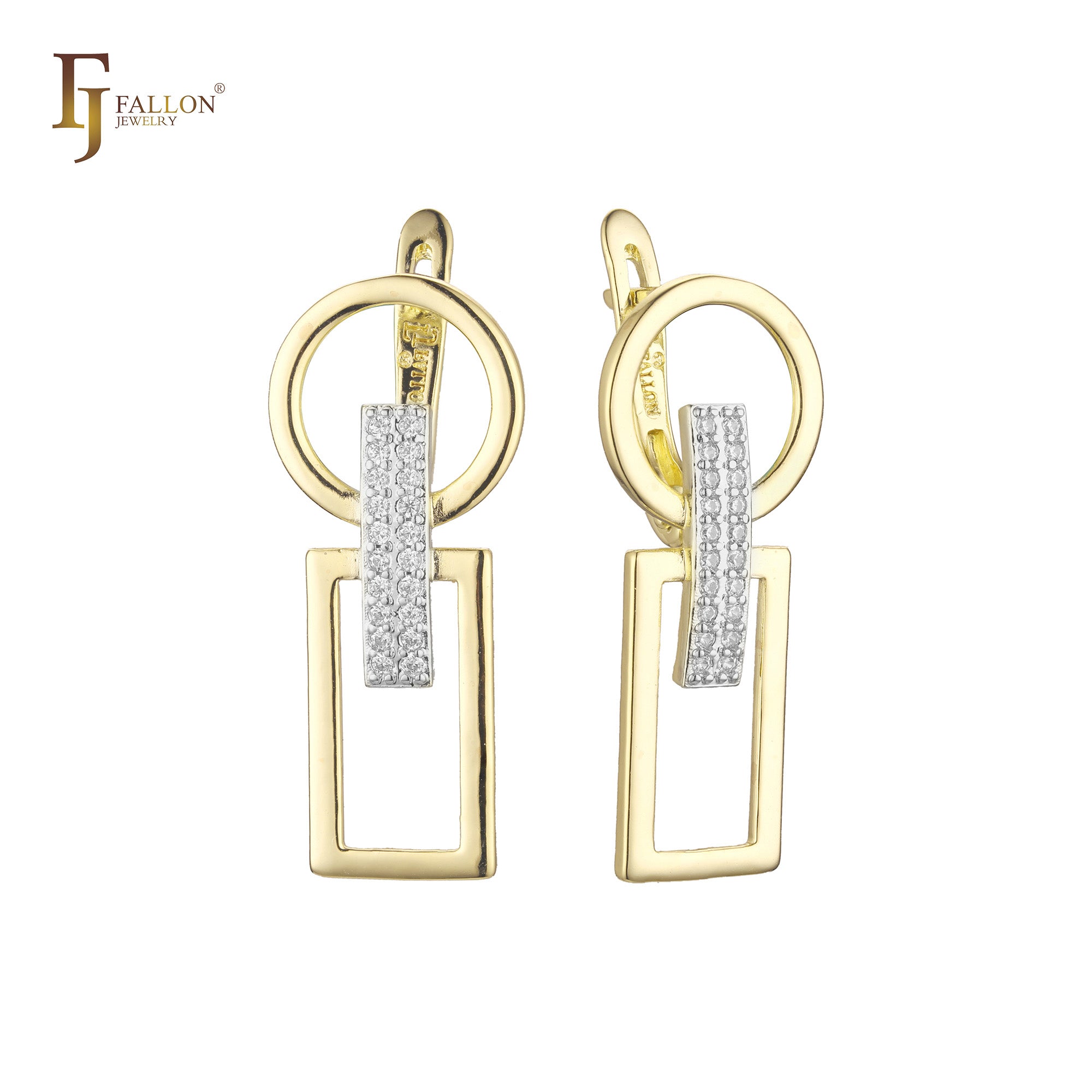 .Geometric circle matched rectangle earrings plated in 14K Gold, Rose Gold, two tone