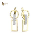 .Geometric circle matched rectangle earrings plated in 14K Gold, Rose Gold, two tone