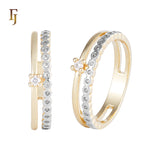 Vintage-Style Dual Band CZ Accent Gold Plated Ring with Beaded Edge | FJ Fallon Jewelry