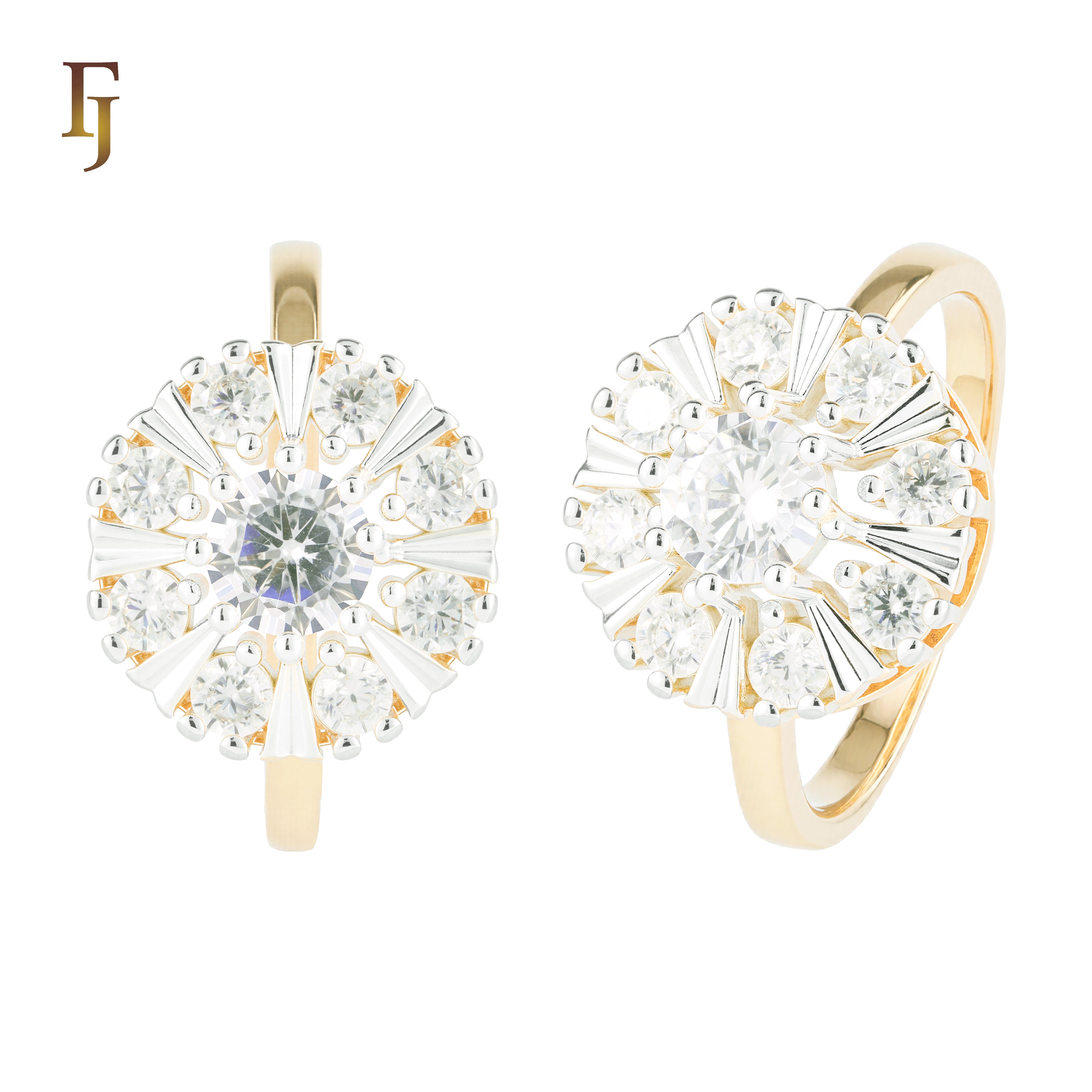 Gold Plated Sunburst Cluster Earrings with Round and Baguette CZ Stones – FJ Jewelry