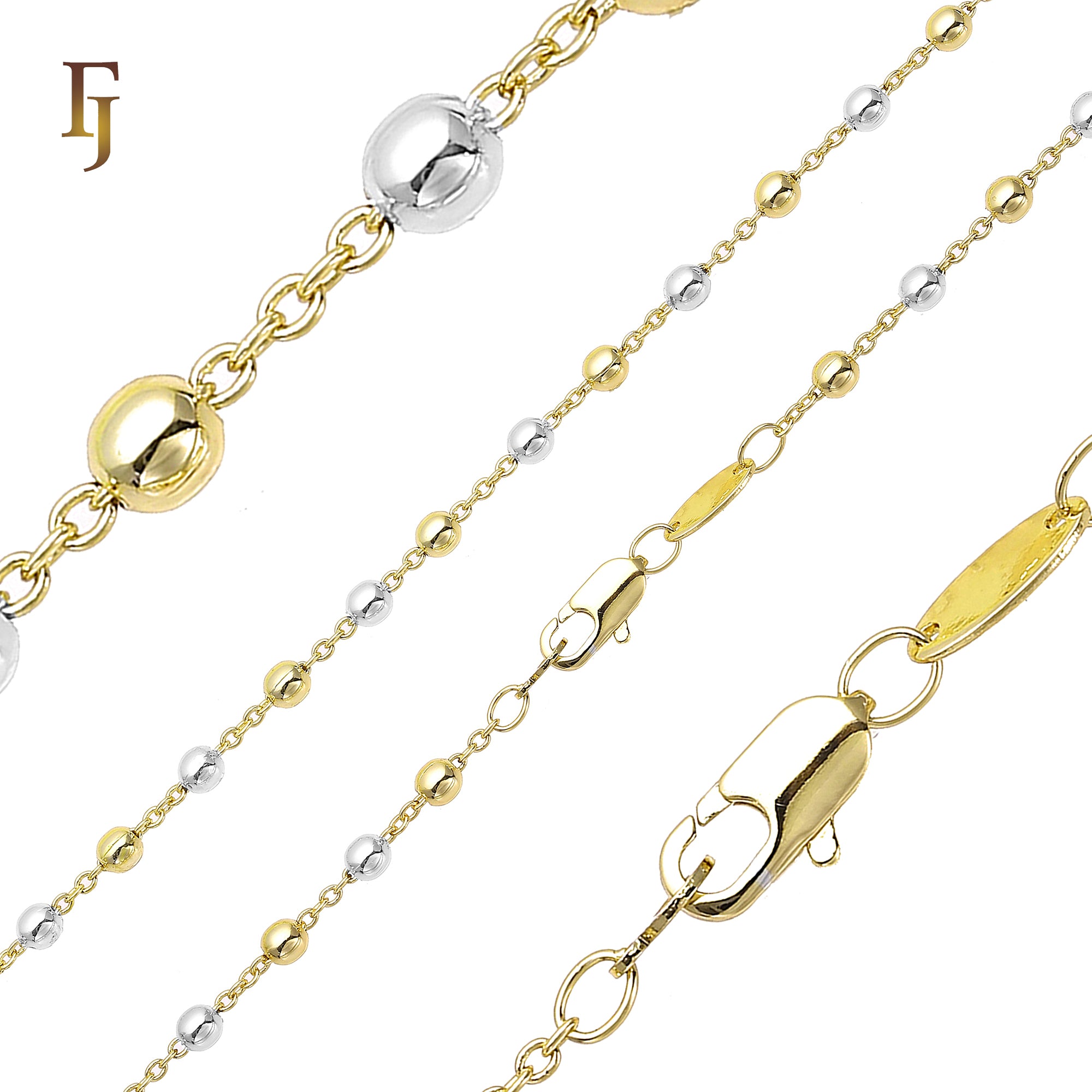 .Cable link beads chains plated in White Gold, 14K Gold, Rose Gold, two tone