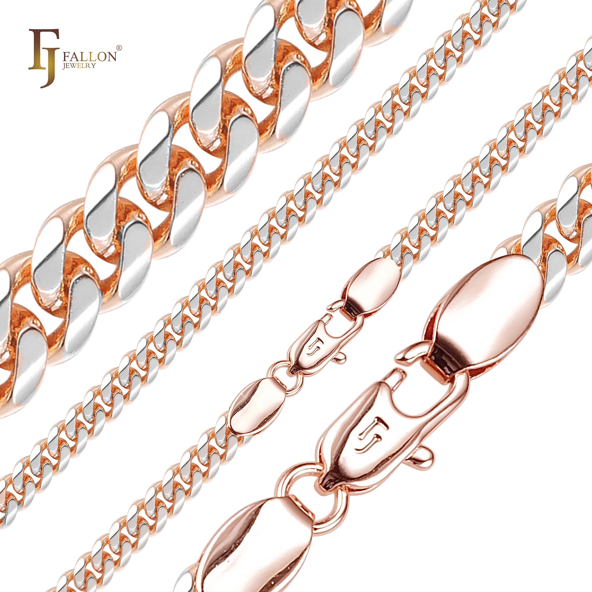 Cadenas de superficie aplanada con flancos redondeados y eslabones cubanos estilo clásico de Miami chapadas en oro de 14 quilates, oro rosa RFSF