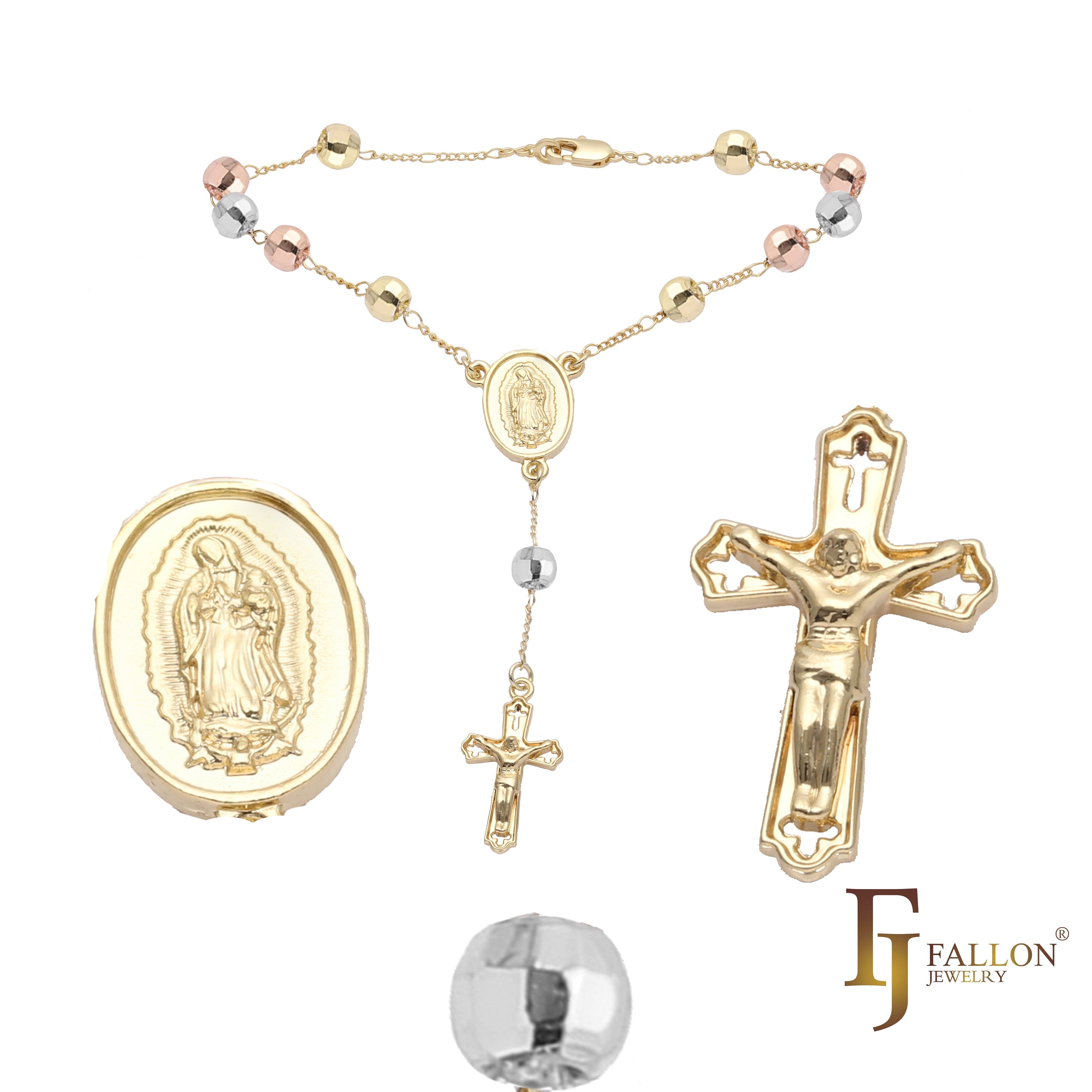 Italian Virgin of Guadalupe Catholic Rosary Necklace (Faceted Disco Beads) plated in 14K Gold, 14K Gold two tone