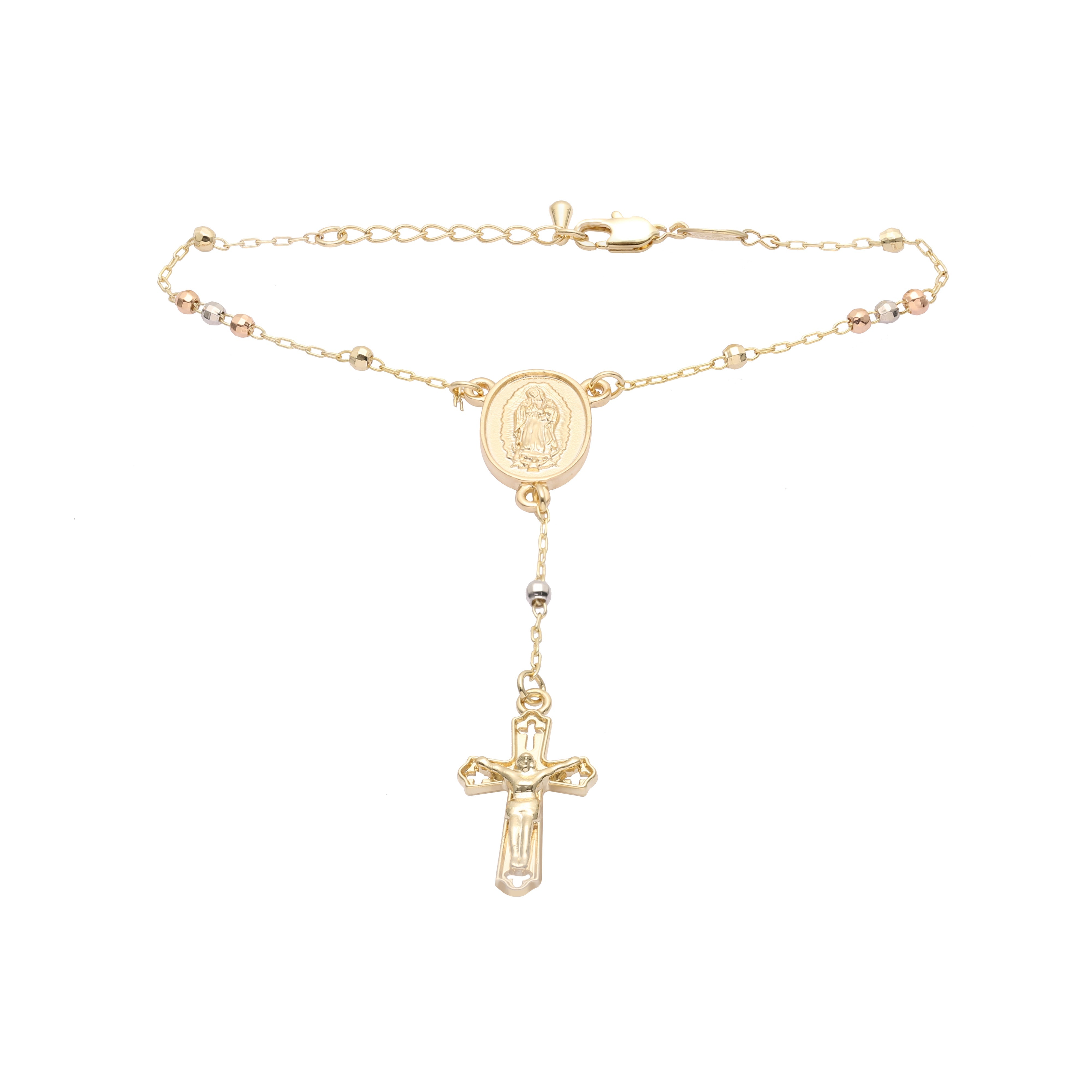 Italian Virgin of Guadalupe Catholic Rosary Necklace (Faceted Disco Beads) plated in 14K Gold, 14K Gold two tone