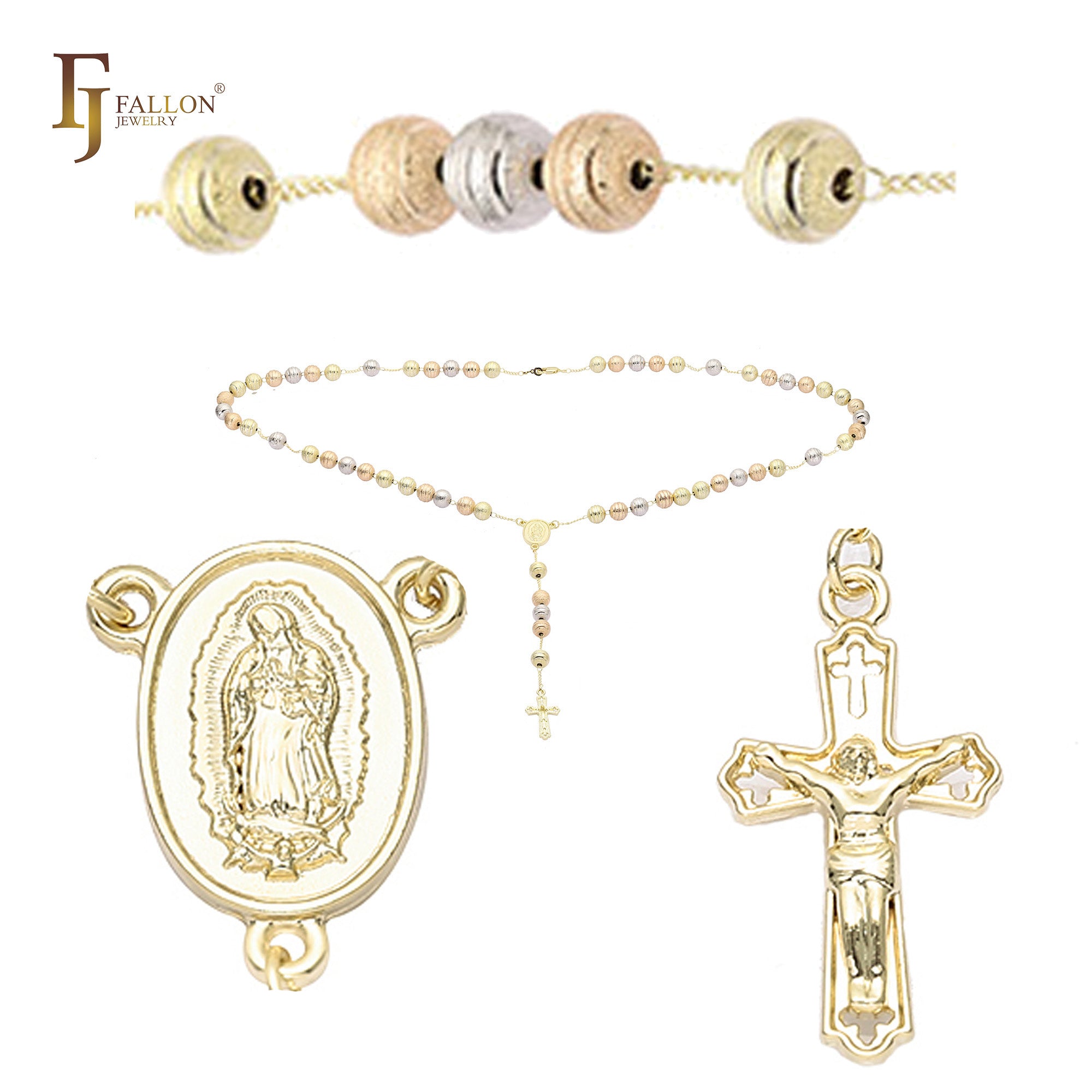 Italian Virgin of Guadalupe Catholic Rosary Necklace (Brushed Grooved Beads) plated in 14K Gold two tone