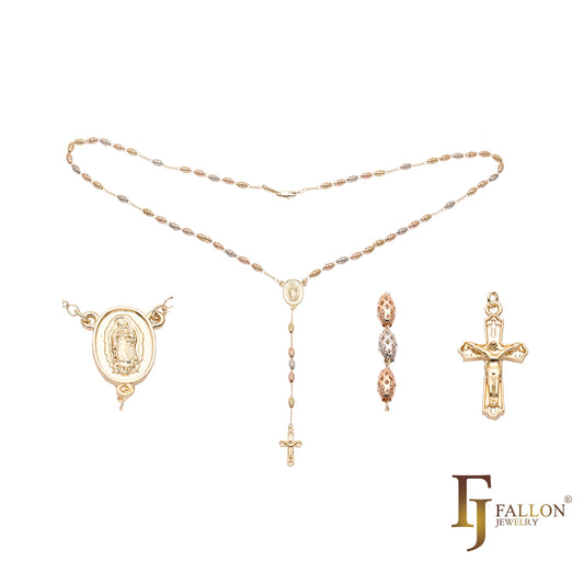 Colar italiano Virgem de Guadalupe Rosário Católico banhado em ouro branco, ouro 14K em dois tons