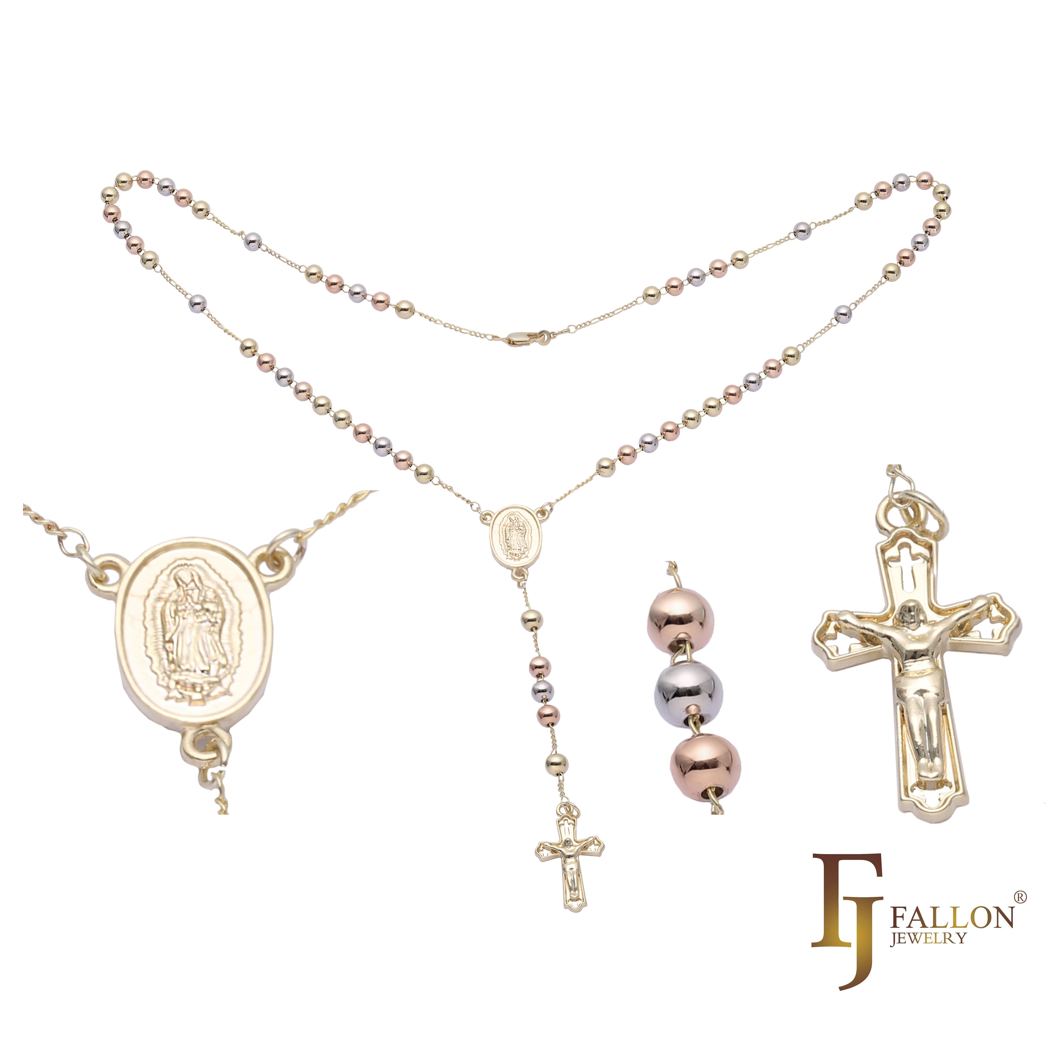Italian Virgin of Guadalupe Catholic Rosary Necklace (Polished Round Beads) plated in 14K Gold, 14K Gold two tone