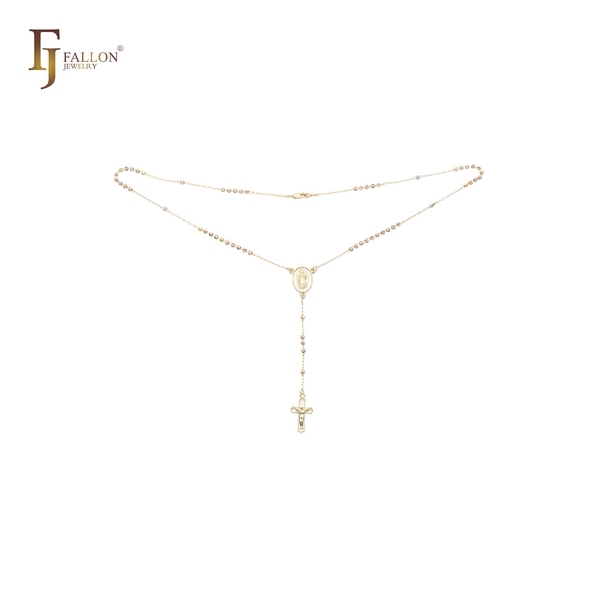 Italian Virgin of Guadalupe Catholic Rosary Necklace (Filigree Lantern Beads) plated in 14K Gold two tone