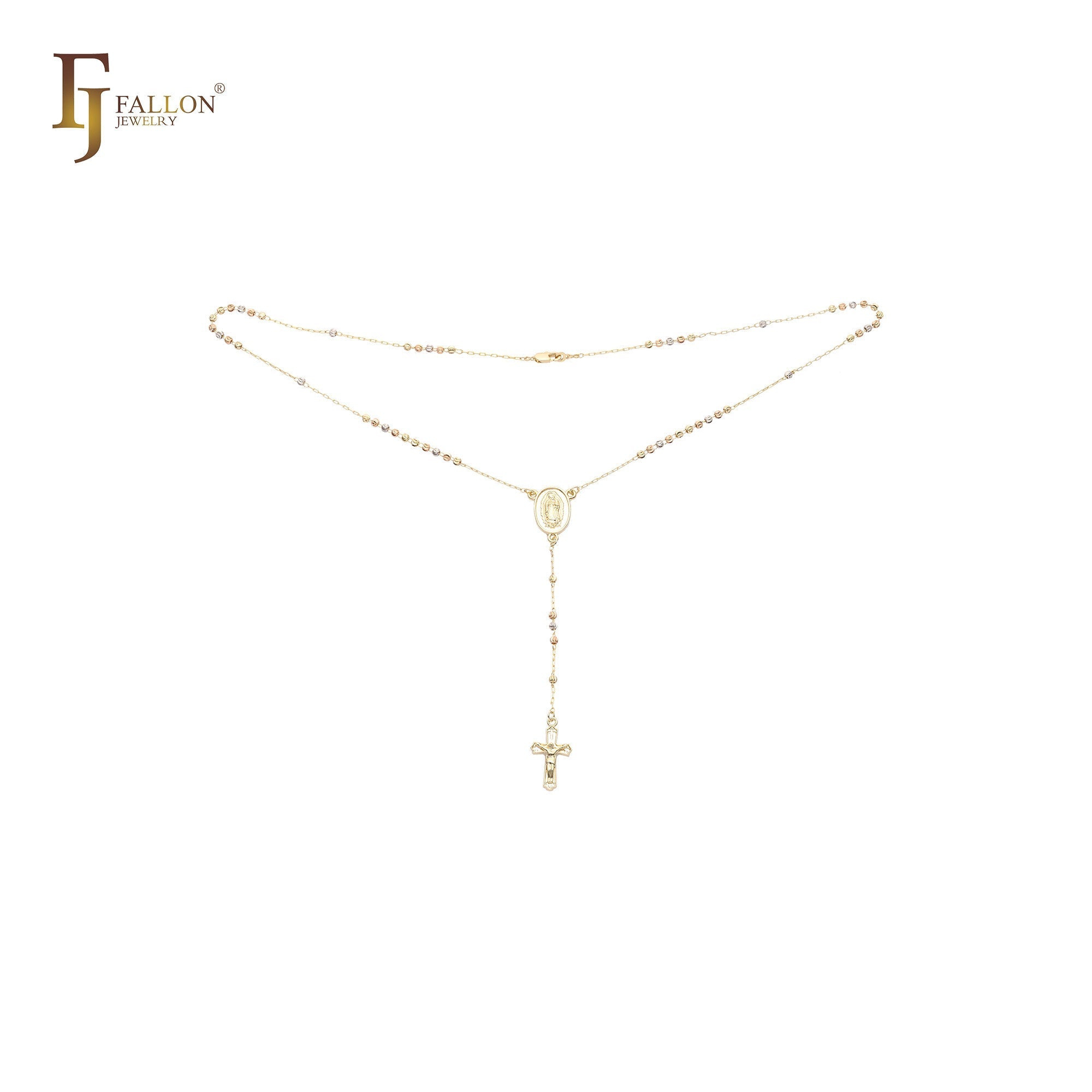 Italian Virgin of Guadalupe Catholic Rosary Necklace (Filigree Lantern Beads) plated in 14K Gold two tone