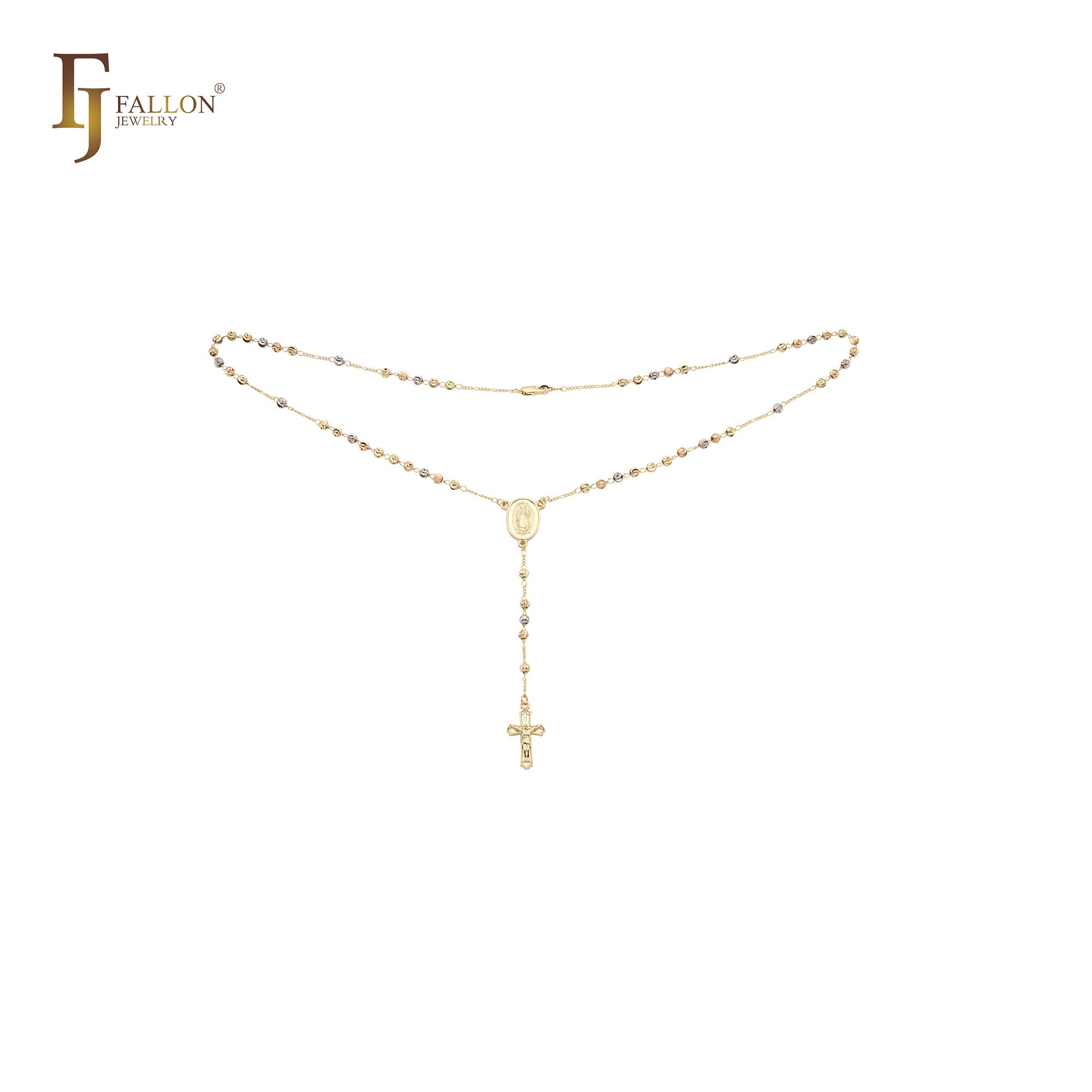 Italian Virgin of Guadalupe Catholic Rosary Necklace (Filigree Lantern Beads) plated in 14K Gold two tone