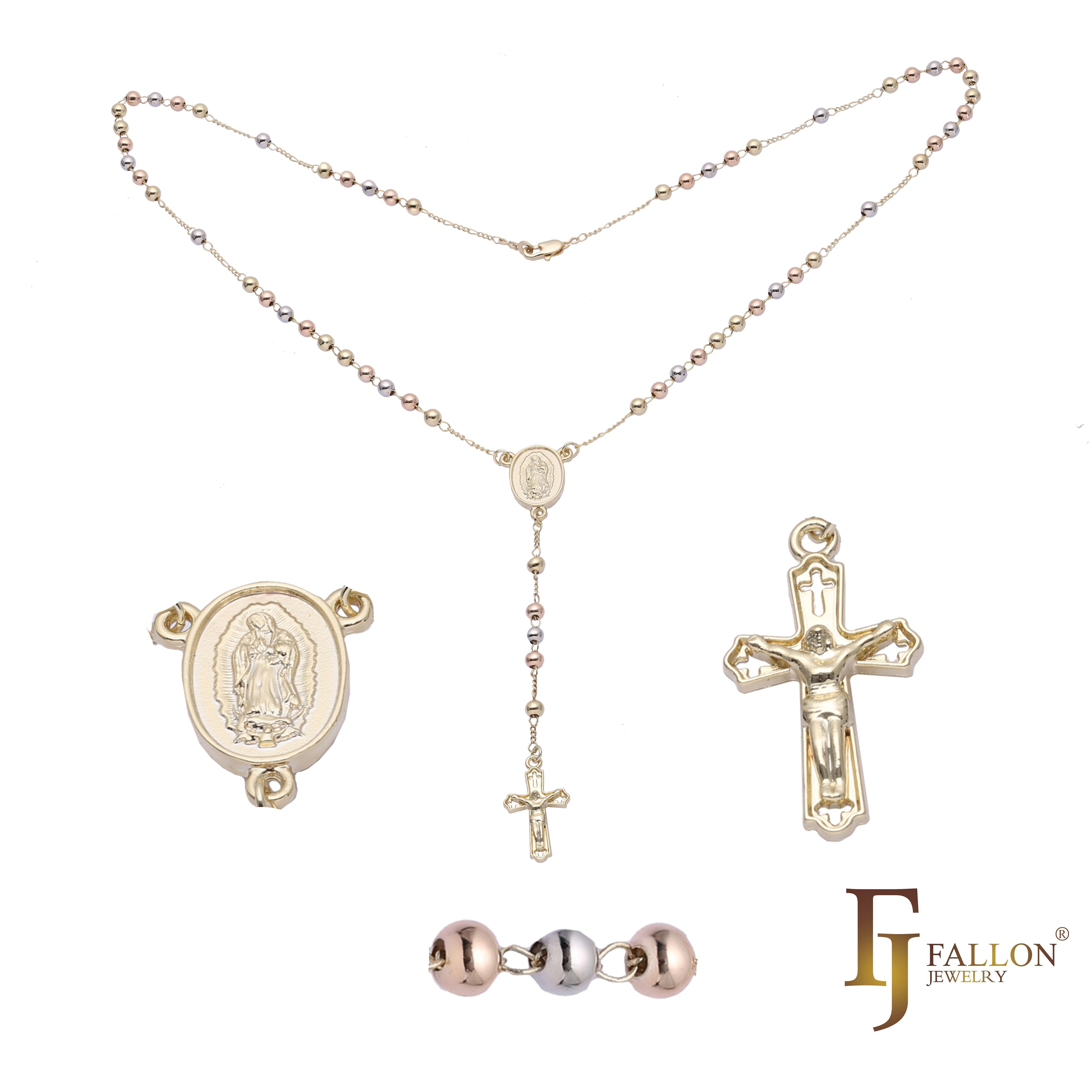 Italian Virgin of Guadalupe Catholic Rosary Necklace (Polished Round Beads) plated in 14K Gold, 14K Gold two tone