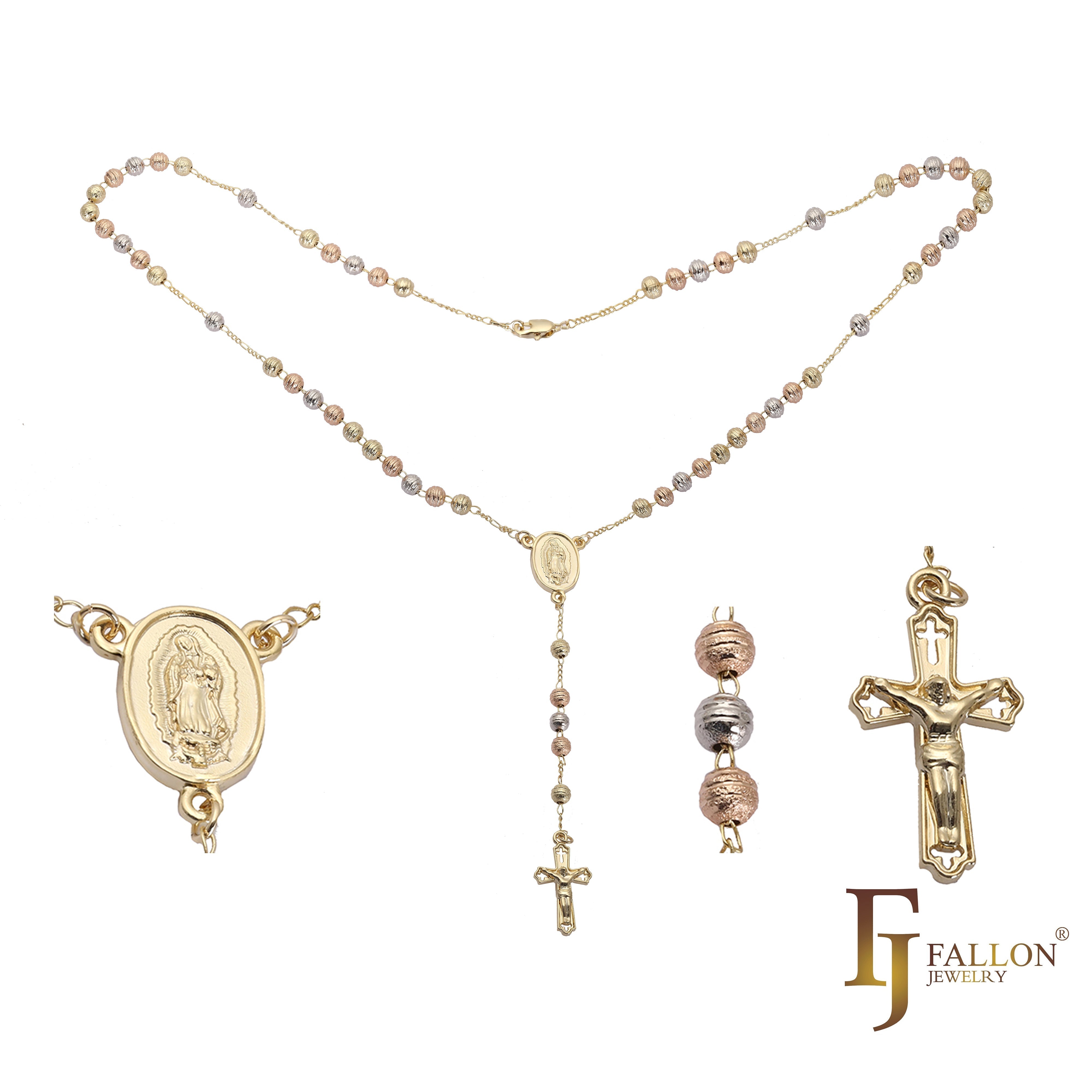 Italian Virgin of Guadalupe Catholic Rosary Necklace (Brushed Grooved Beads) plated in 14K Gold two tone