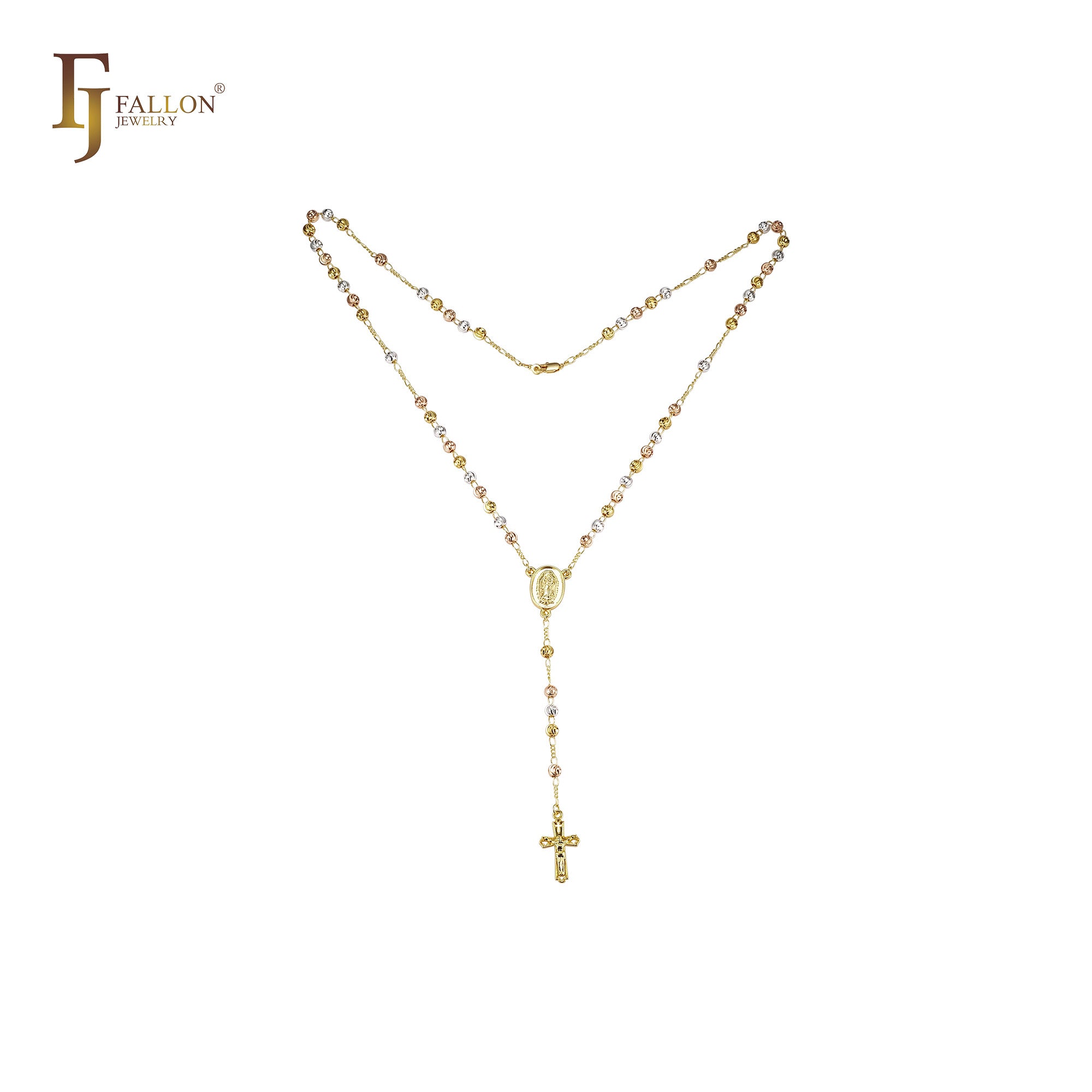 Italian Virgin of Guadalupe Catholic Rosary Necklace (Filigree Lantern Beads) plated in 14K Gold two tone