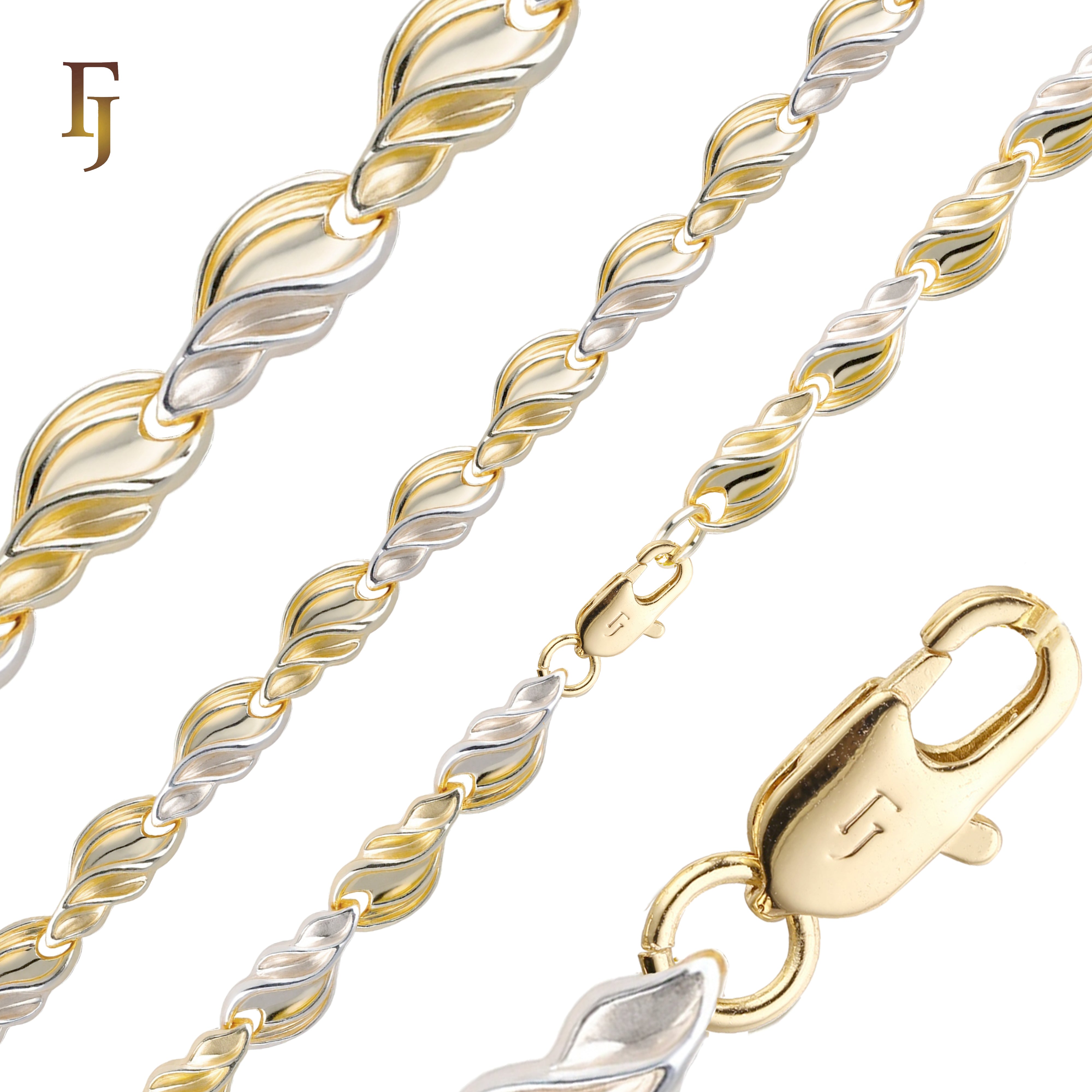 Twisted Leaf Link Chain Necklace – Dual Tone Yellow & White Gold Plated Brass Necklace with Lobster Clasp