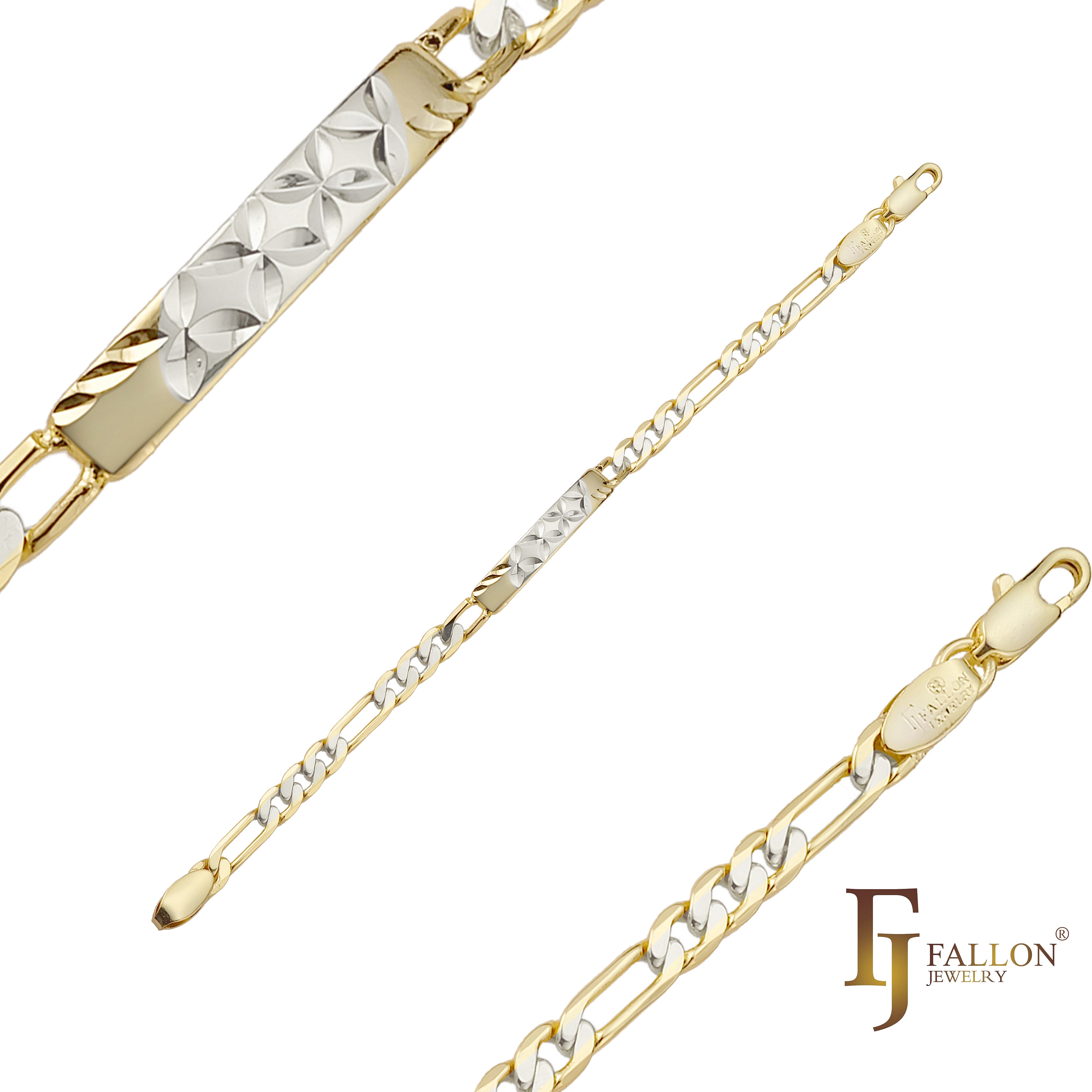 Figaro link 14K 金，两色，三色男士四叶草 ID 手链