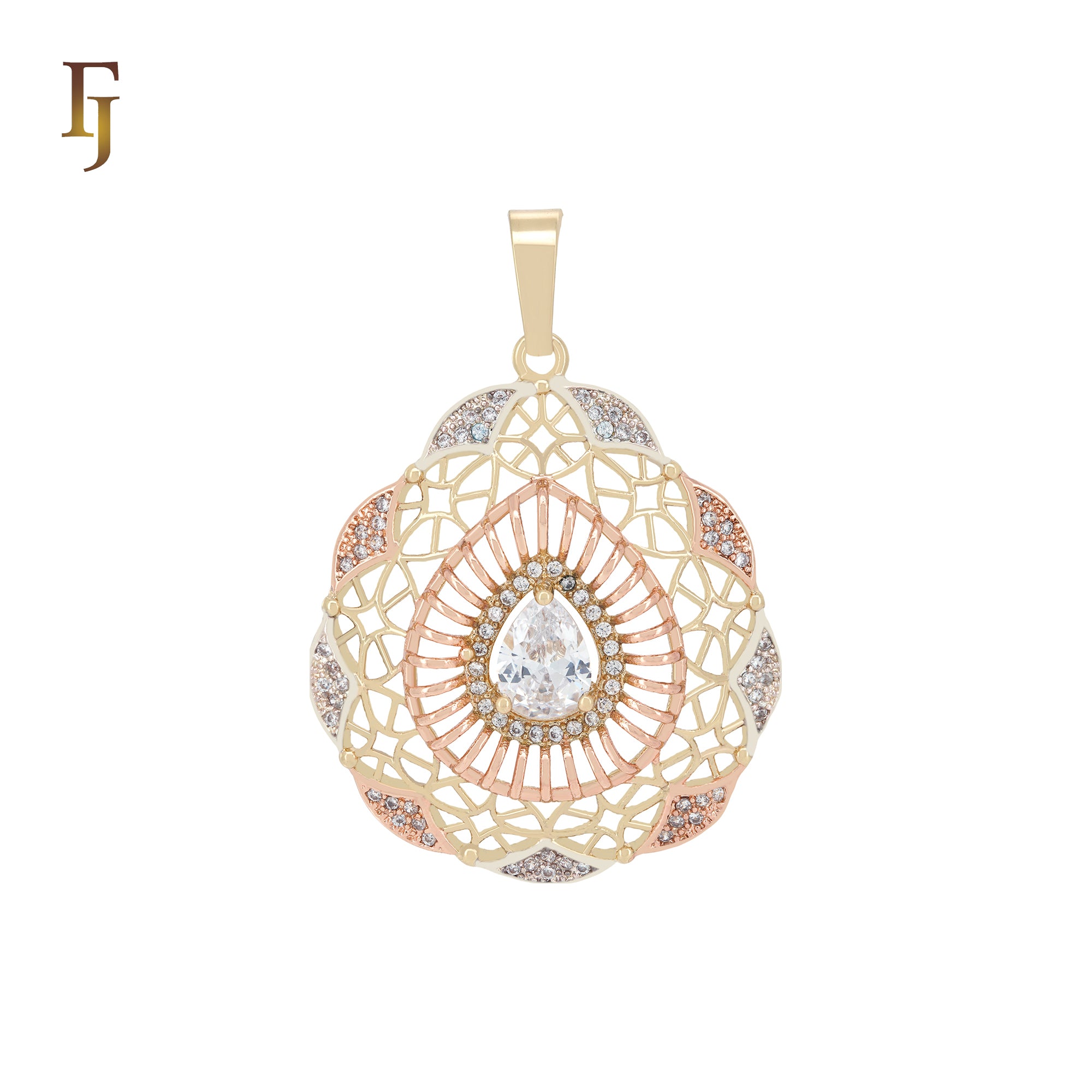 Pear shaped radioactive white CZs paved 14K Gold, three tone Filigree Pendant