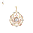 Pear shaped radioactive white CZs paved 14K Gold, three tone Filigree Pendant