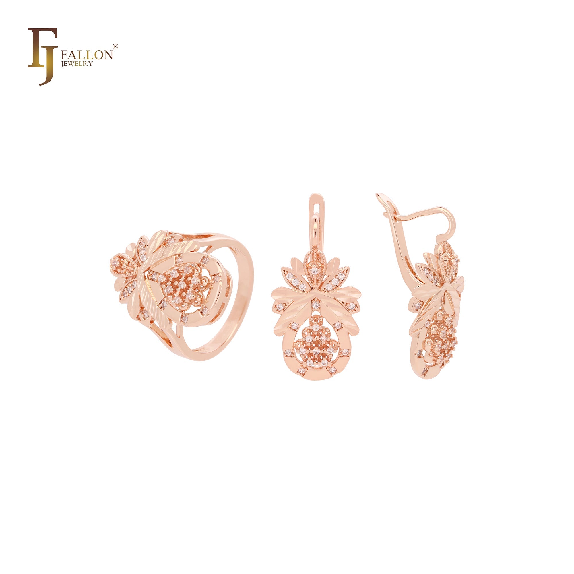 Conjunto de joias em ouro 14K CZs brancas em formato de flor de abacaxi com anéis