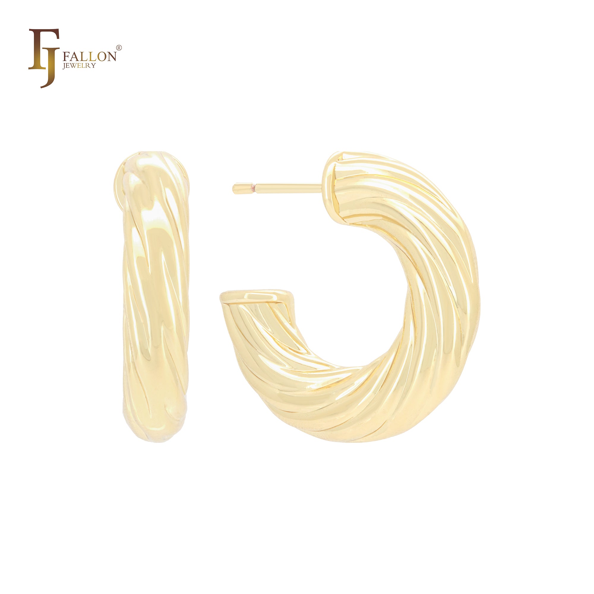 Aretes tipo aro con forma de C, texturizados, en forma de cuerda retorcida y giratoria, en oro de 14 quilates, oro rosa y oro blanco.