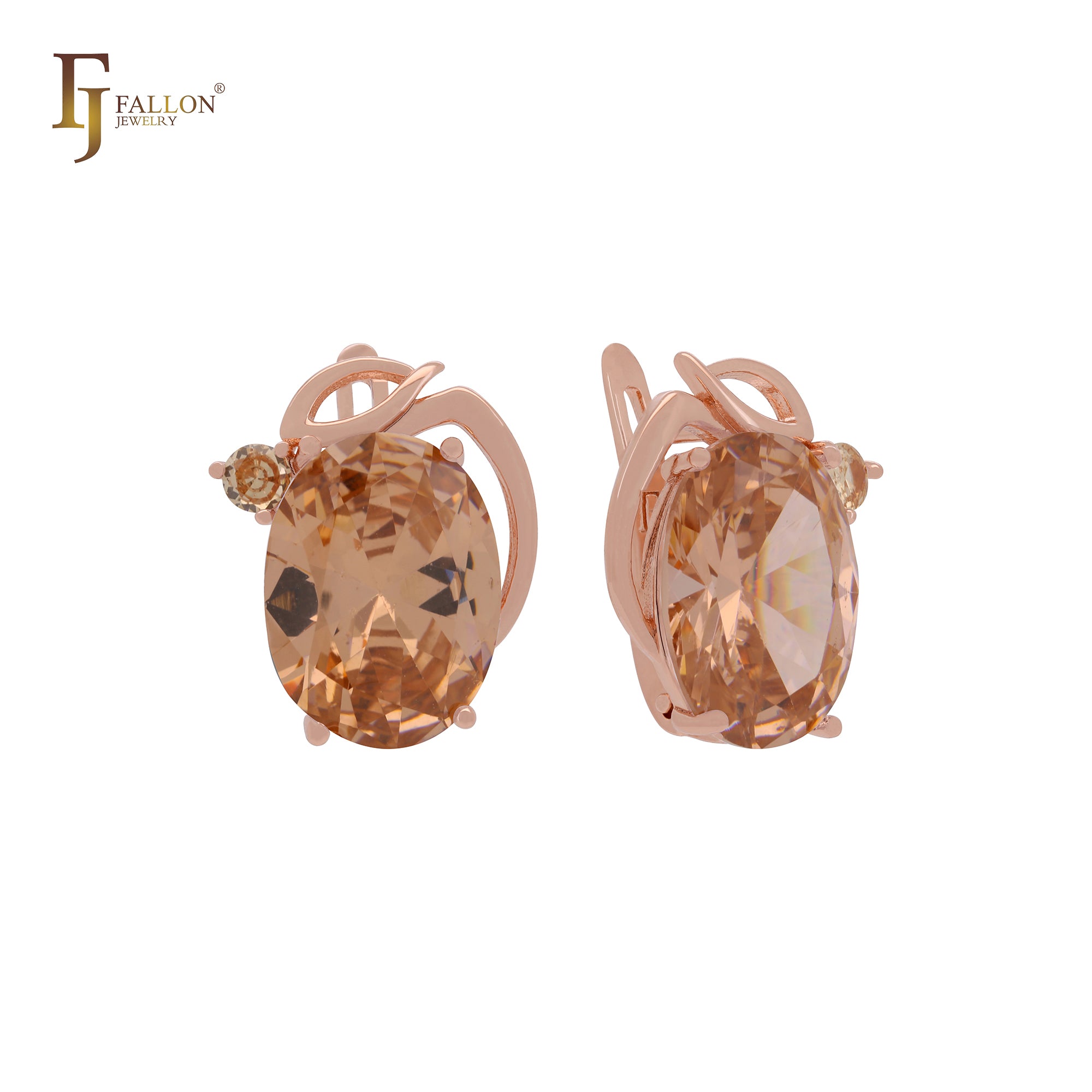 Giant oval big Solitaire white, Orange or lake blue CZ Luxurious Rose Gold Russian Lock Earrings