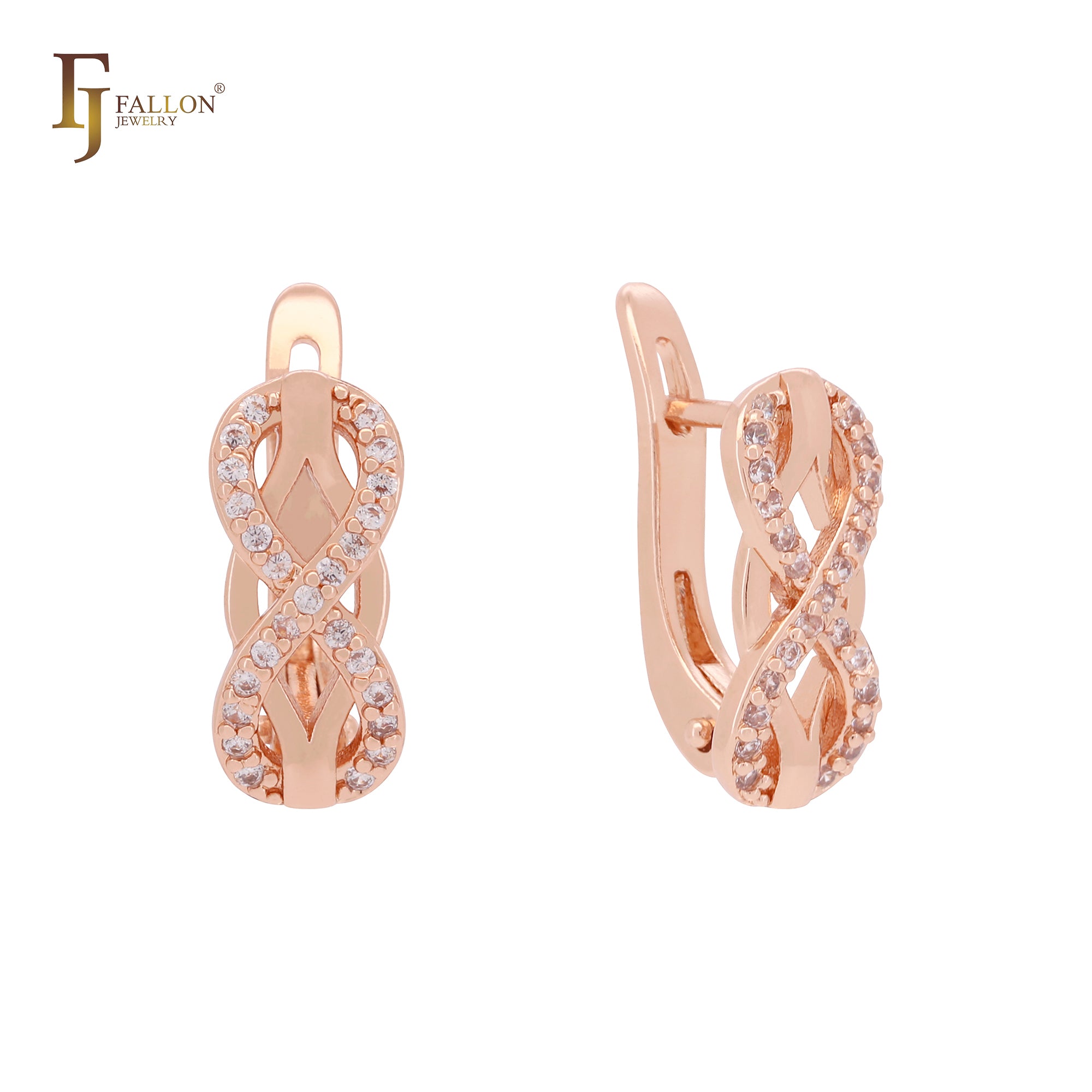 Infinity eternity halo paved white CZs geometric Rose Gold Russian Lock Earrings