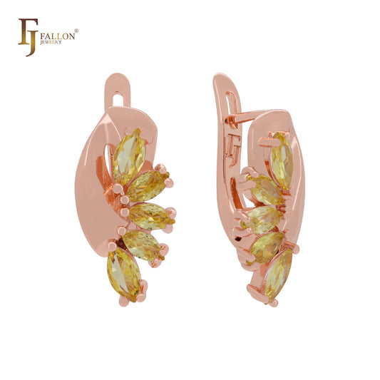 Luxurious cluster marquise olive yellow or white CZs Rose Gold Russian Lock Earrings