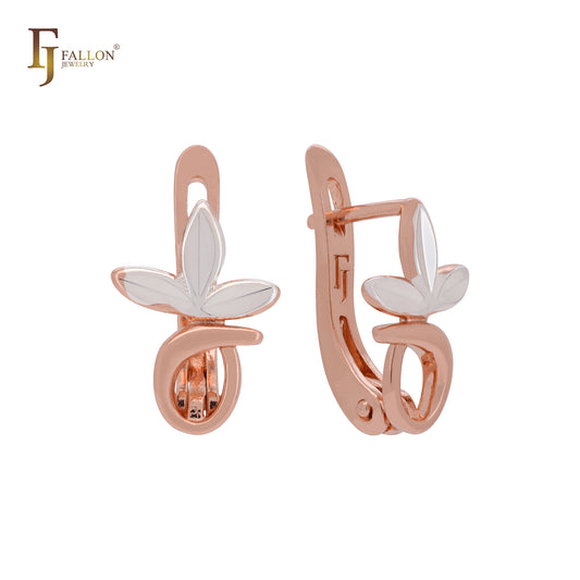 Elegant brach of triple leaves Rose Gold two tone Russian Lock Earrings