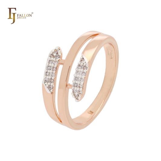 Anéis de moda em dois tons de ouro rosa com três fileiras de zircônias cúbicas brancas