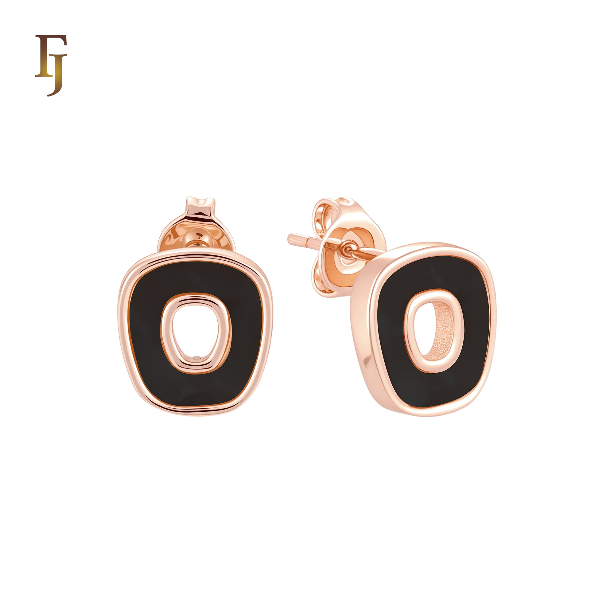 Irregular Hollow squared shaped of Black or White Onyx 14K Gold, Rose Gold Stud Earrings